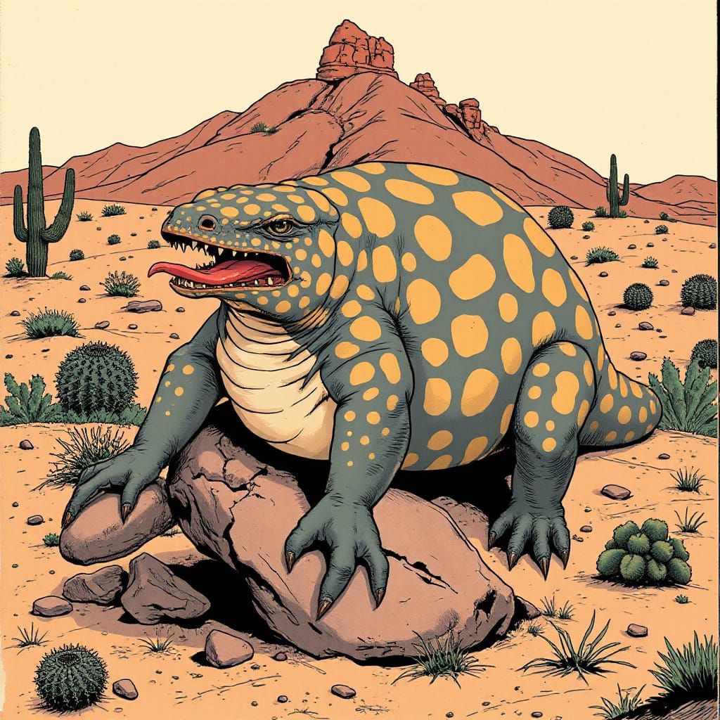 Fat Gila Monster Basks in Retro-Futuristic Sonoran Desert La...