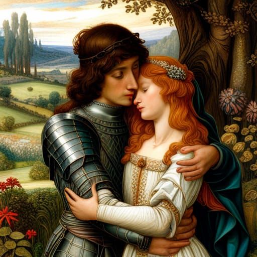 Knight and Princess Embrace in Pre-Raphaelite Style