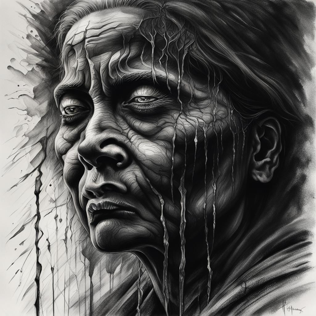 Mother Earth's Cosmic Tears: Charcoal Portrait