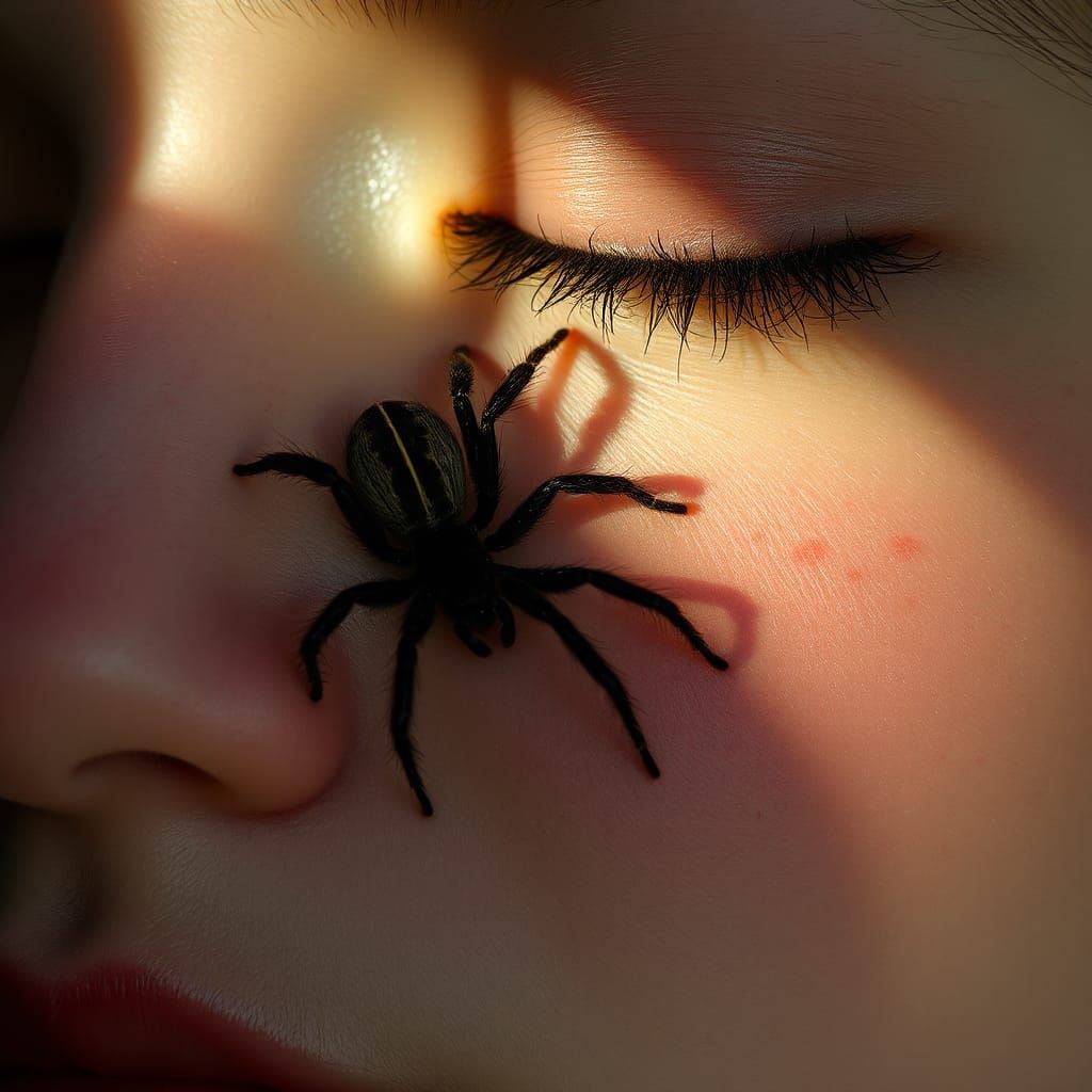A face with closed eyes and a hairy spider on the cheek