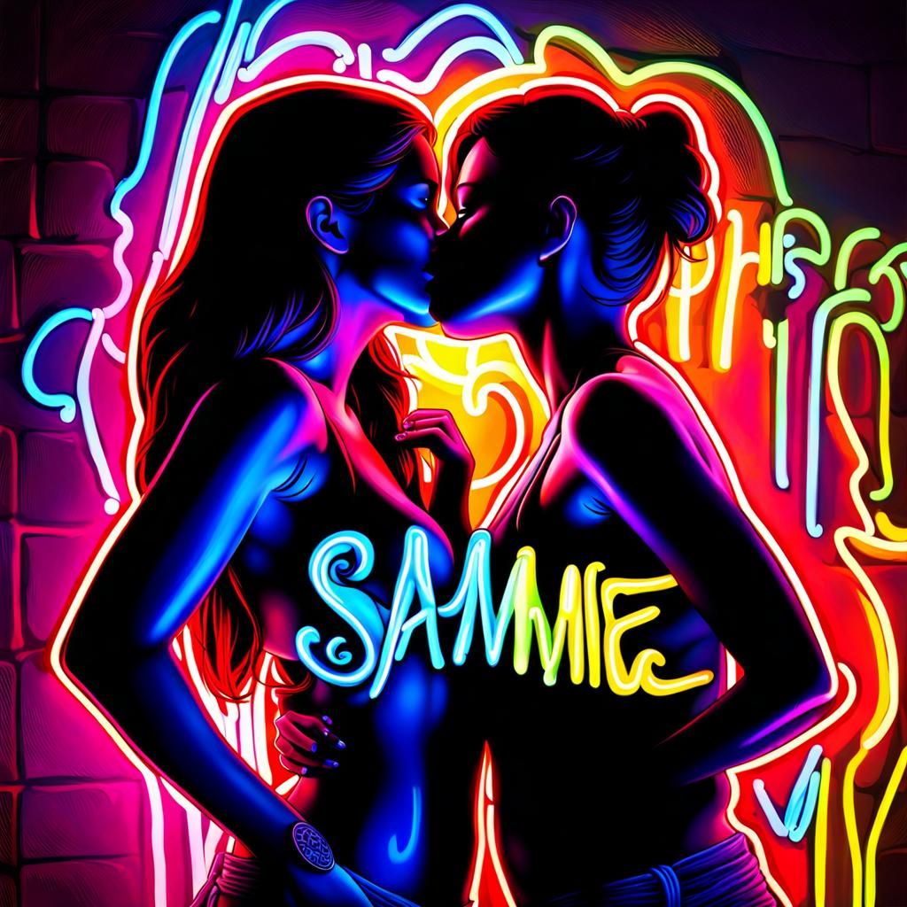 Neon Silhouette Kiss Graffiti Art
