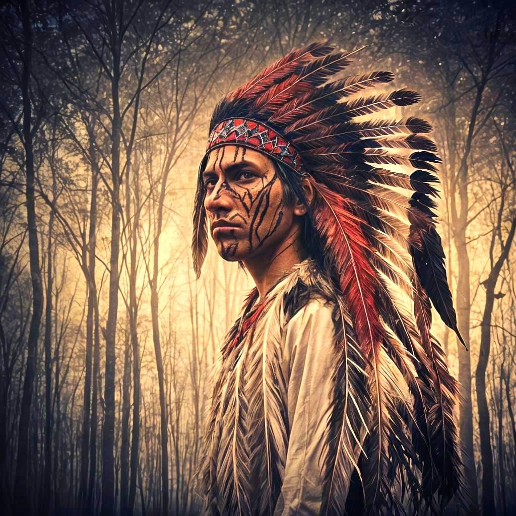 Surreal Double Exposure of Young Indian Chief in Ominous For...