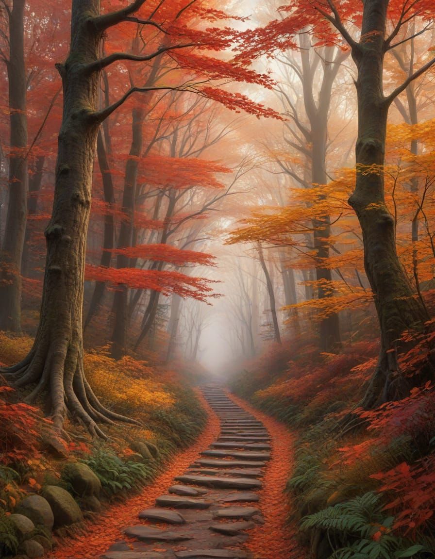 Hyper-Realistic Autumn Forest Path with Ethereal Mist