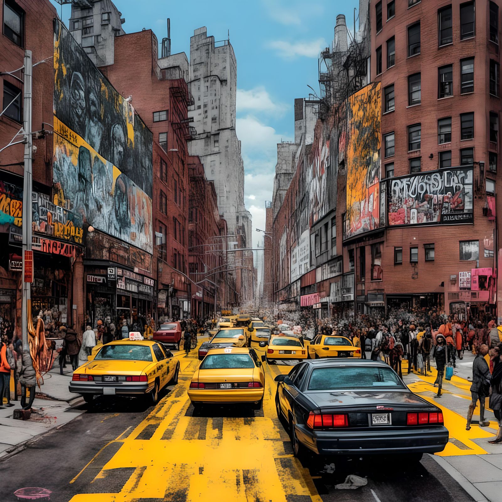 Futuristic City Street with Flying Taxis in Cyberpunk Style