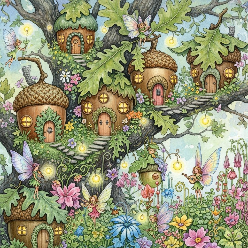 Fairy Village in Giant Oak Tree: Watercolour Painting