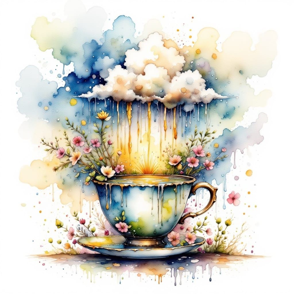 Miniature Storm in a Teacup, Watercolor Fantasy