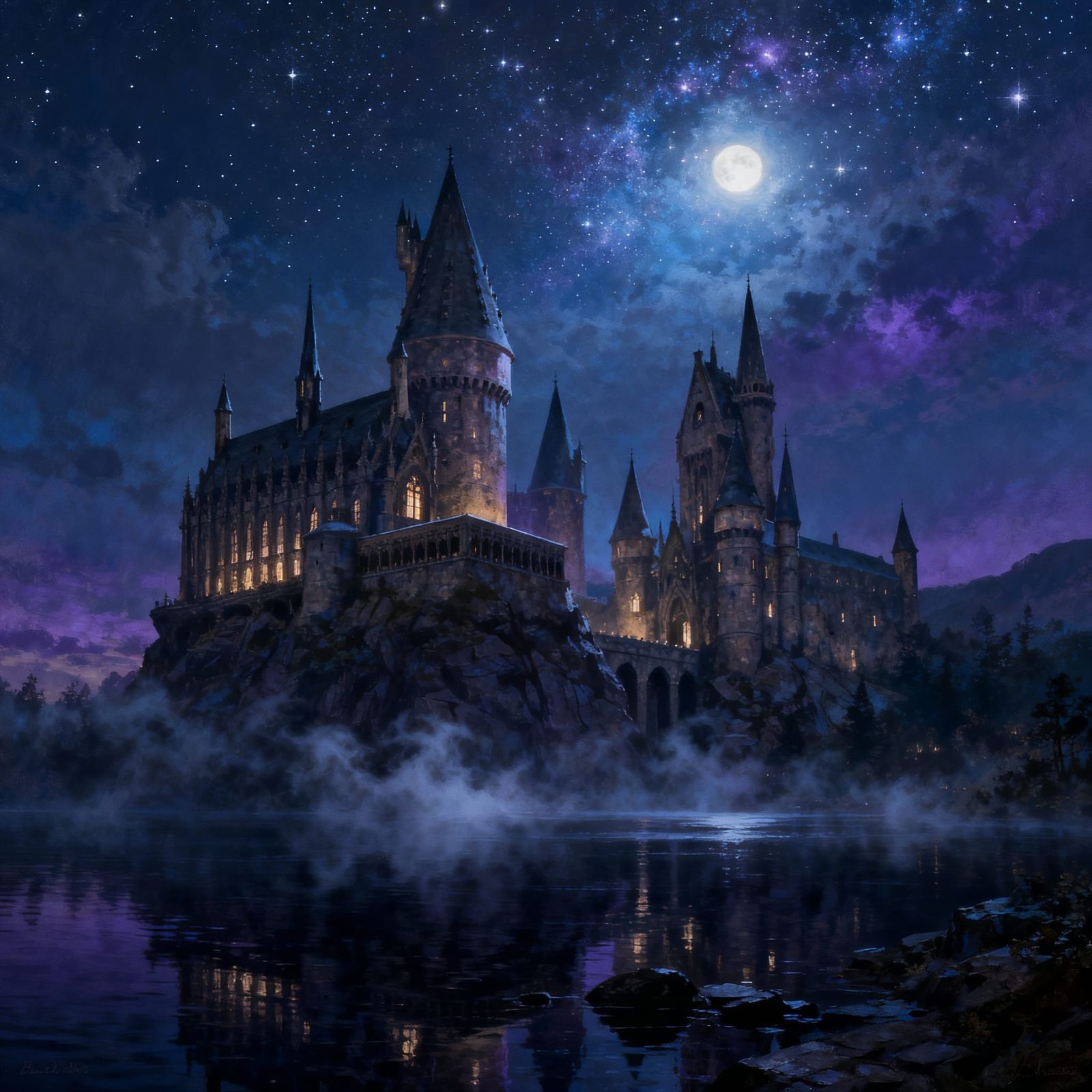 Hogwarts Castle by Starry Moonlit Night