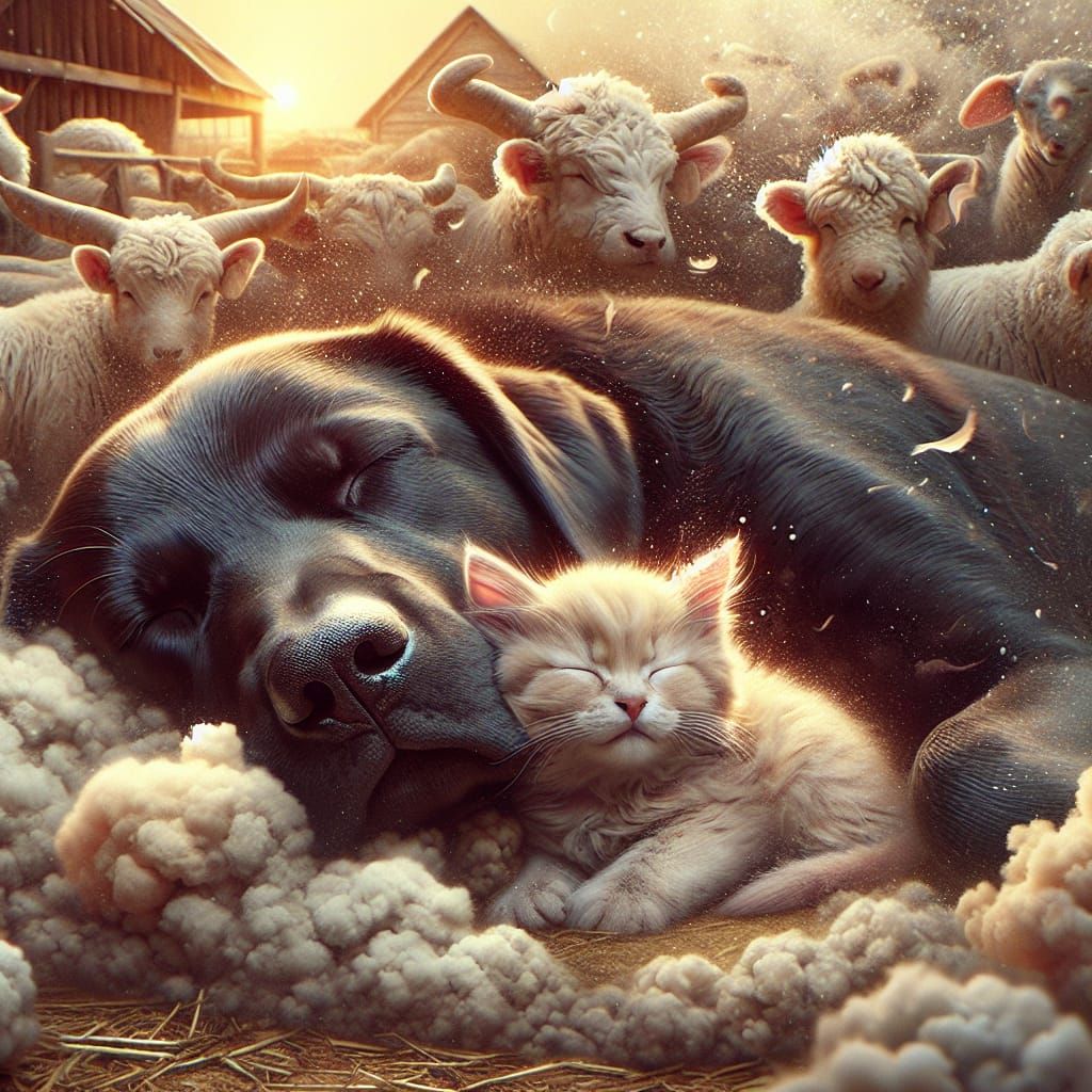 Adorable Kitten and Labrador in Peaceful Sleep