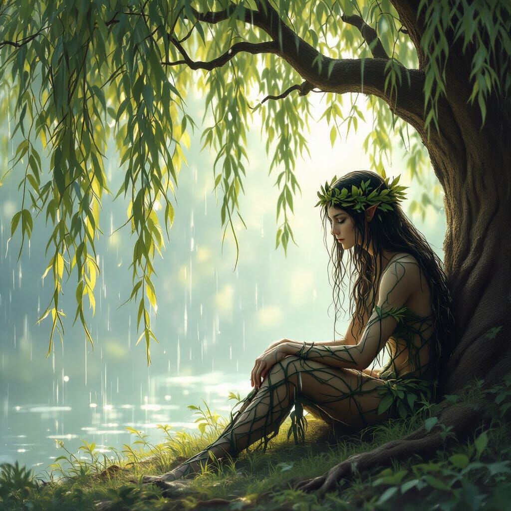 Dryad Under Willow Tree in Gentle Rain