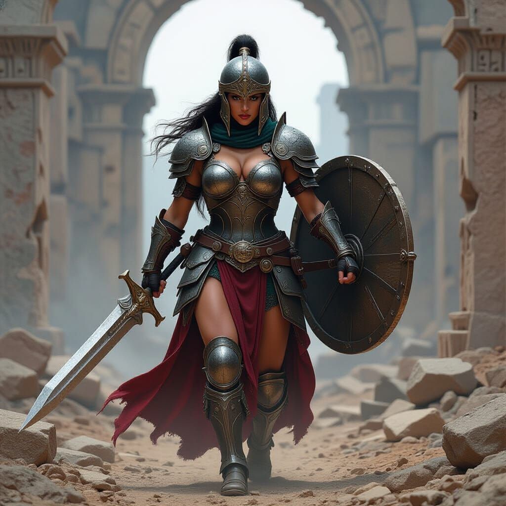 Armored Warrior Woman in Ruined Temple