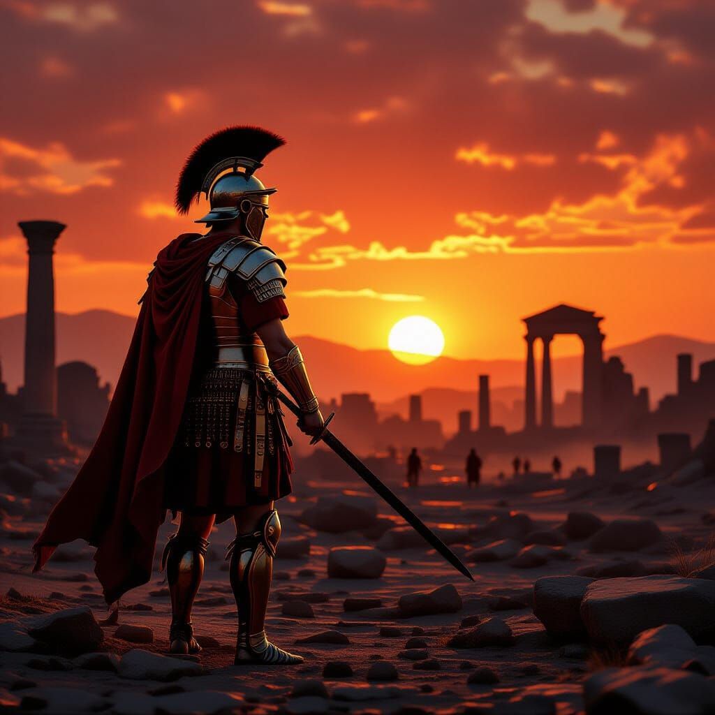 Roman Soldier at Fiery Sunset, Classical Fresco Style
