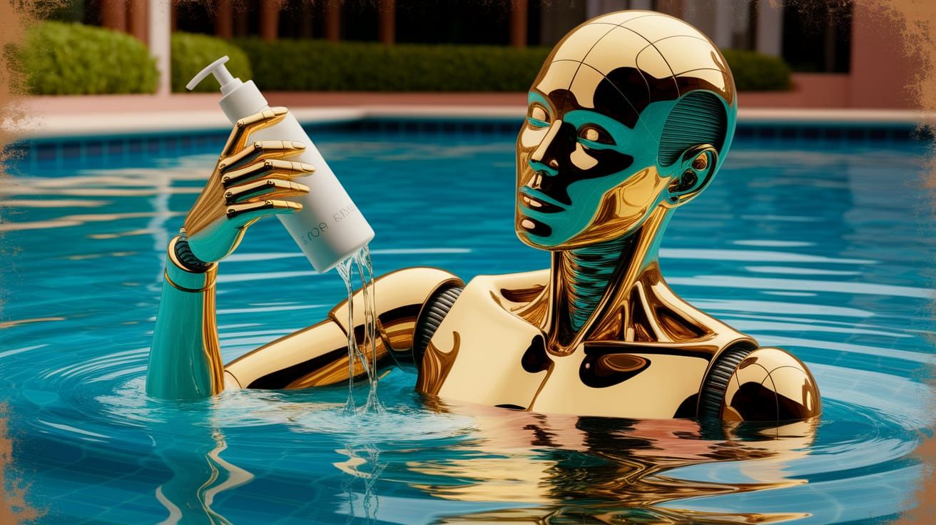 Golden Android Melts by Pool in Airbrush Art
