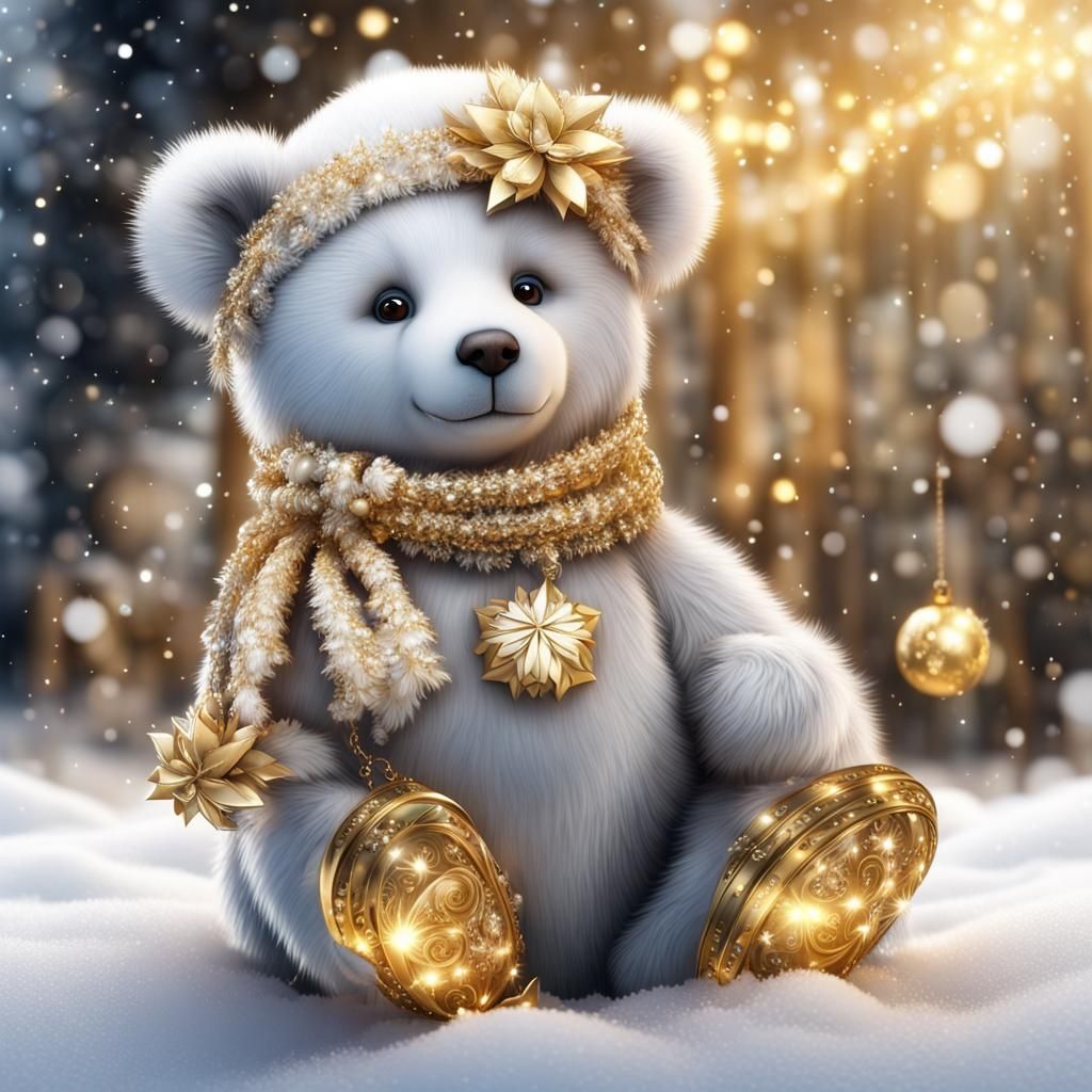 Charming Christmas Bear in Snowy Fantasy Landscape