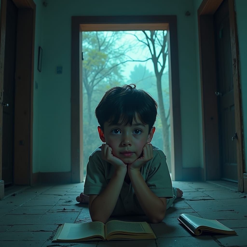 Young Boy Peers into Mysterious Courtyard at Night