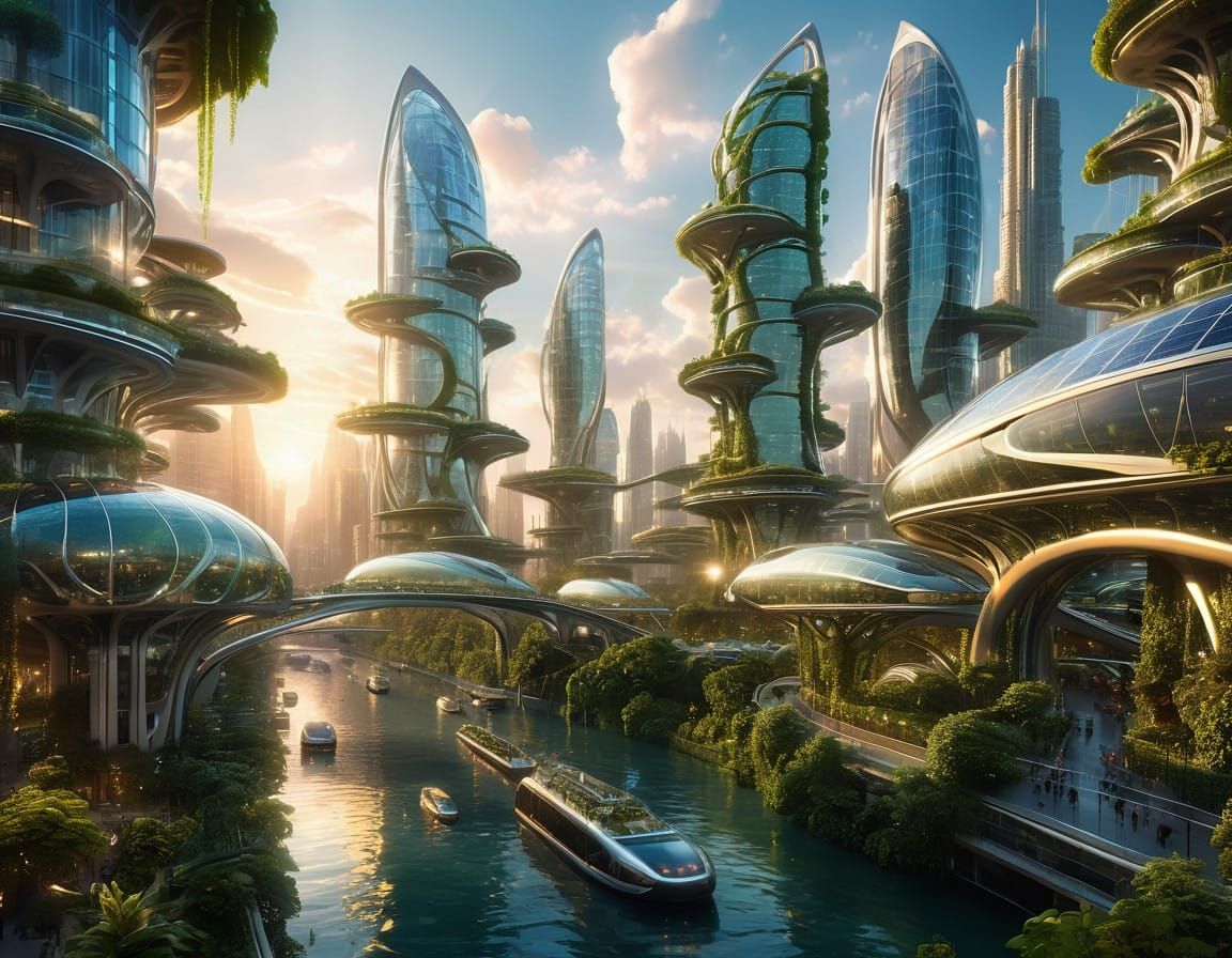 Radiant Futuristic Metropolis in Solarpunk Style
