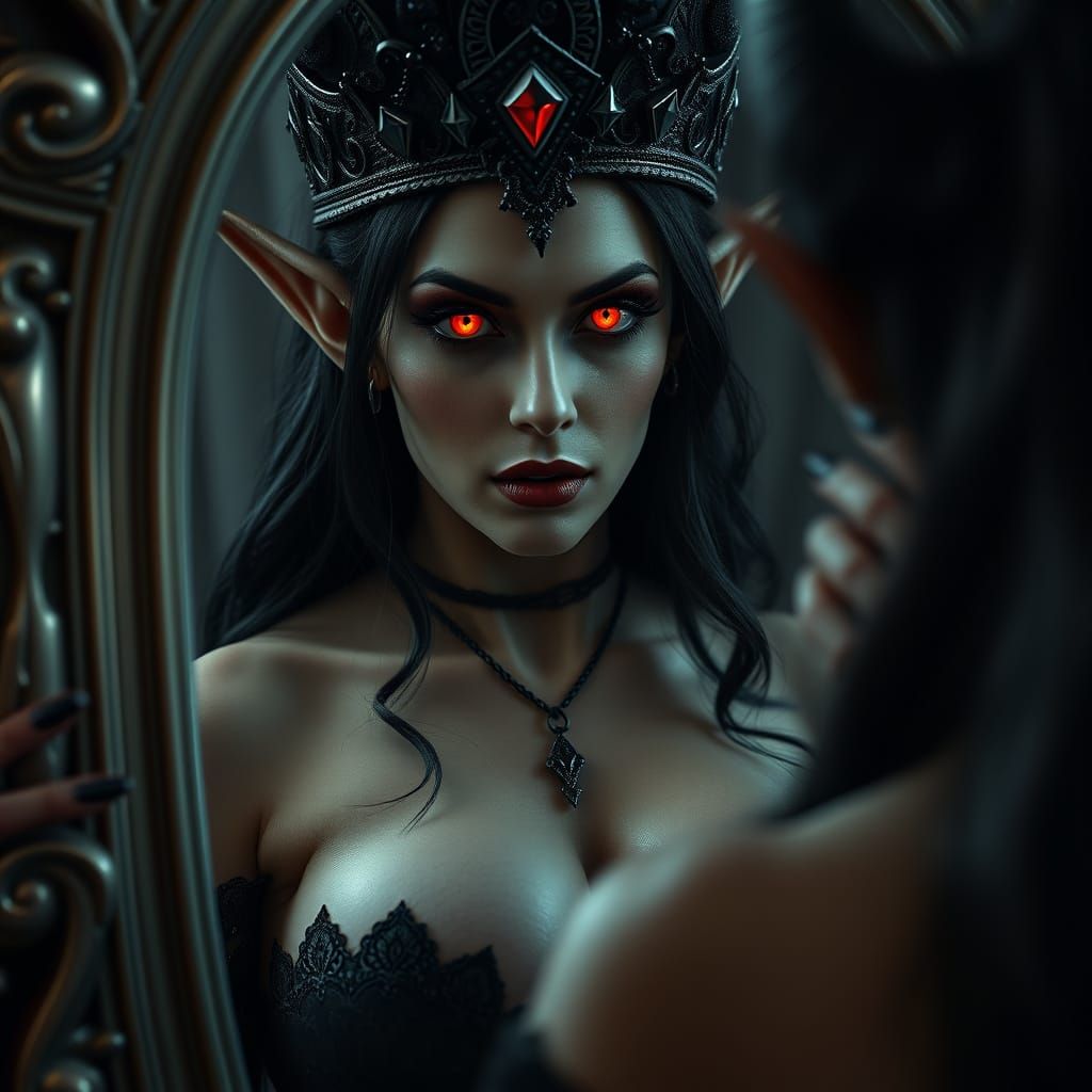 Dark Queen's Demonic Reflection in Hyperrealistic Style