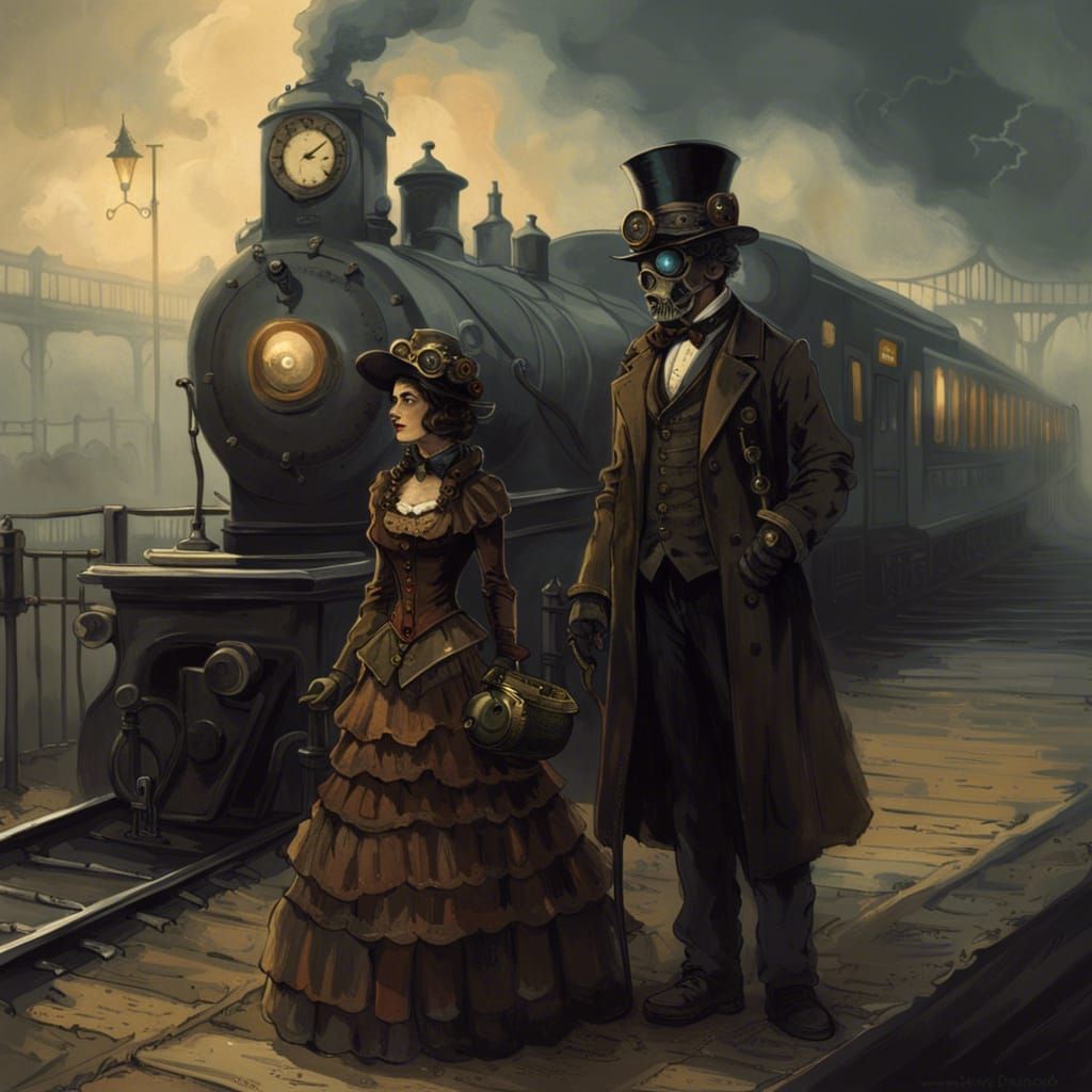 Steampunk Couple Awaits Train: Horror Engraving Style