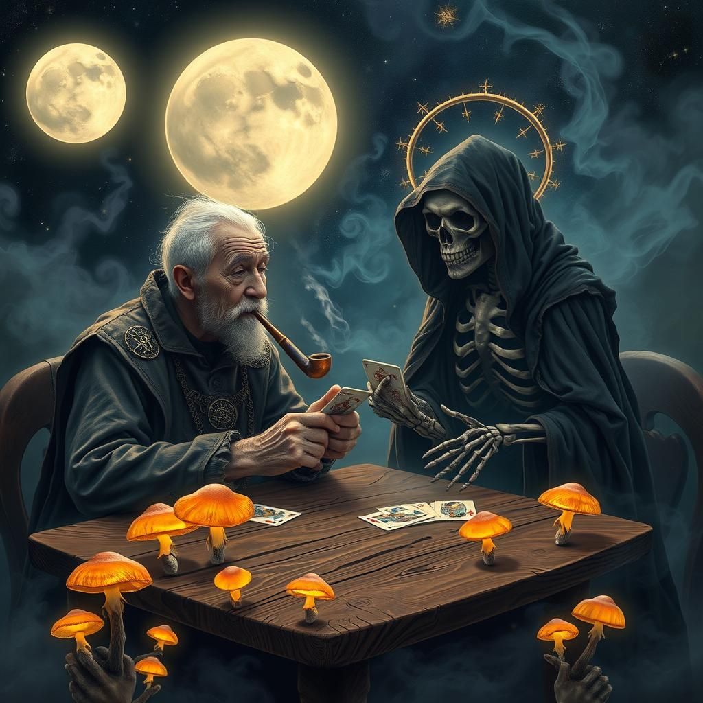 Elderly Man Plays Cards With Death