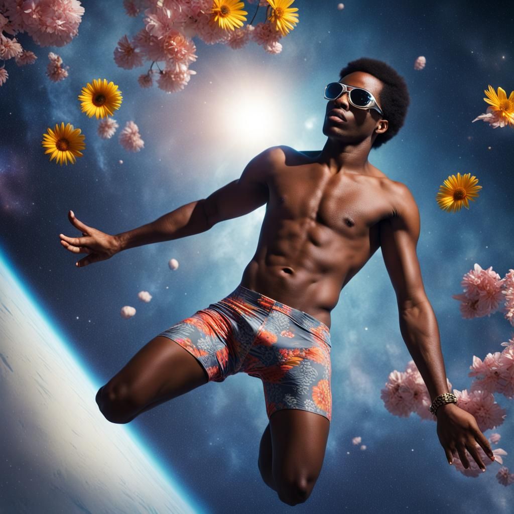 Man in Swim Briefs Free Falling in Space