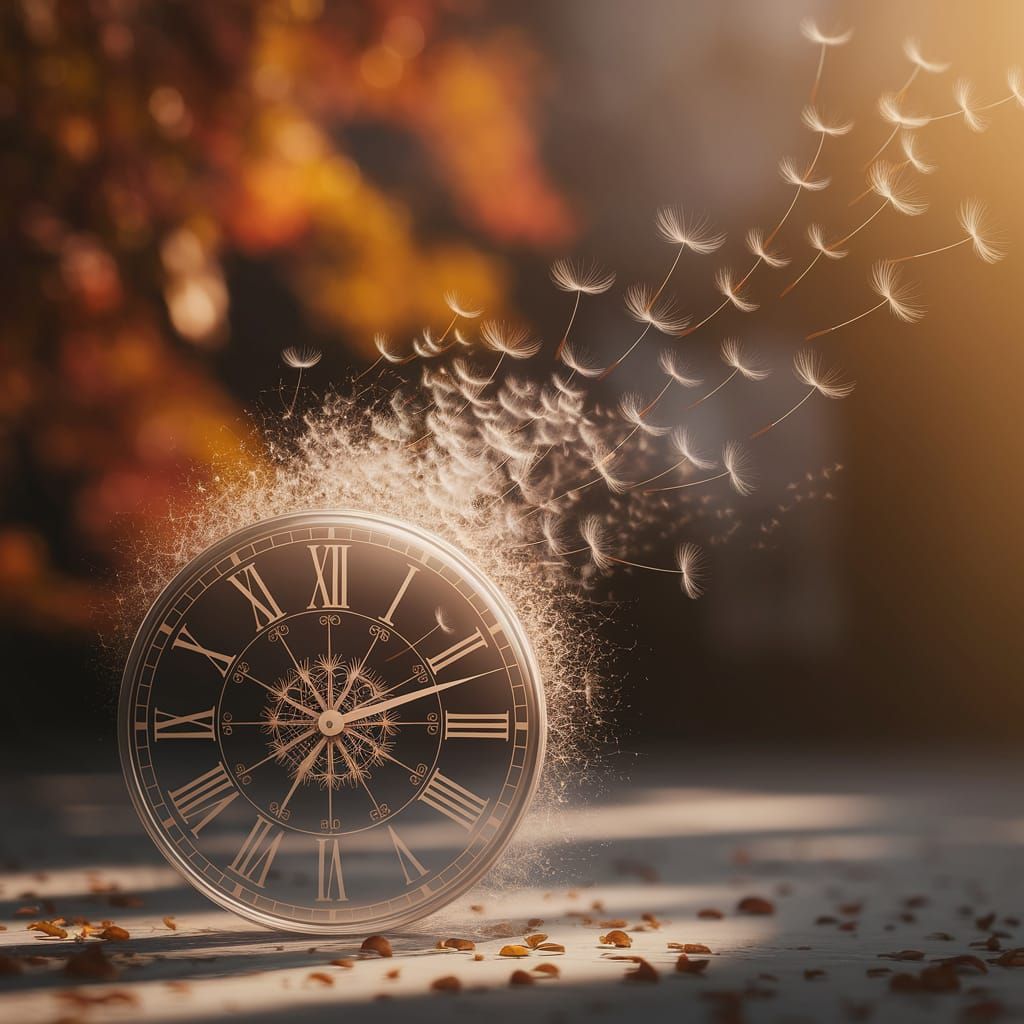 Transparent Clock Dissolving into Dandelion Seeds