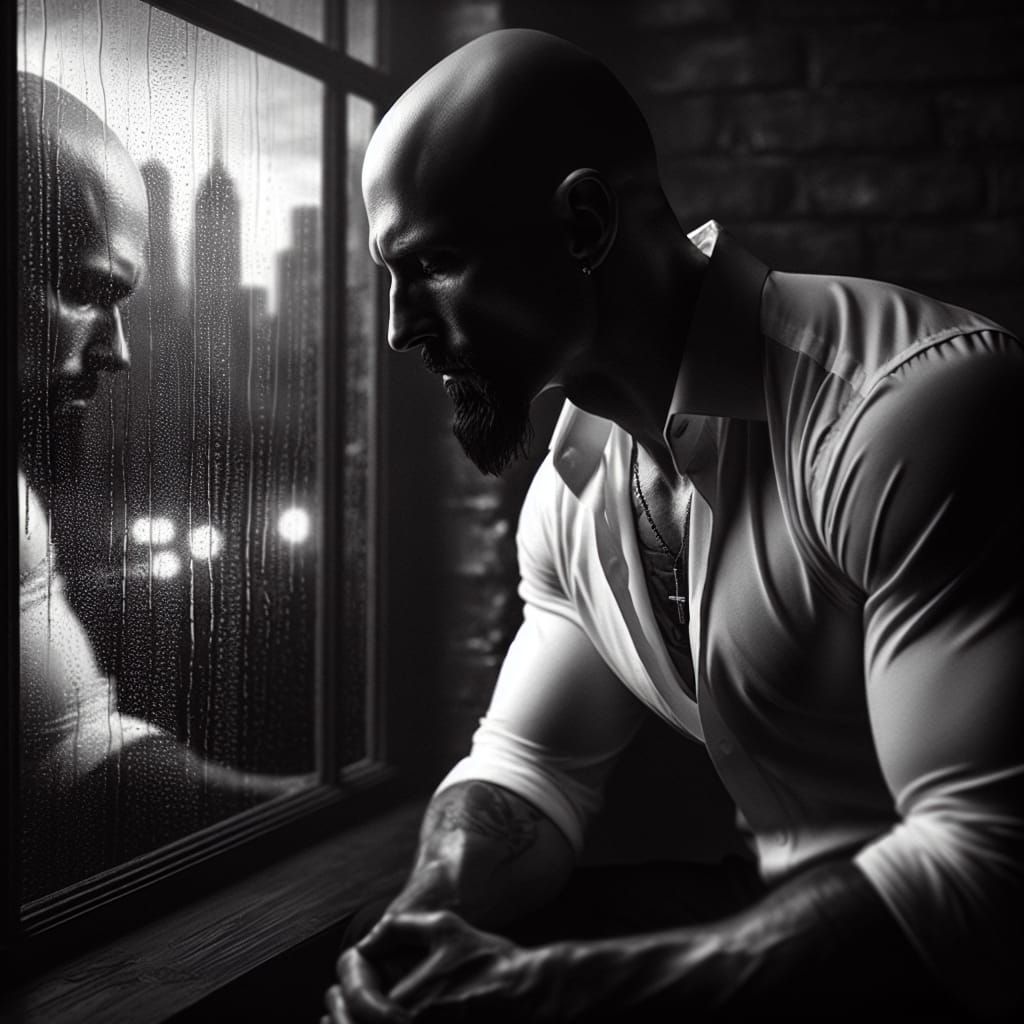 Contemplative Man in Black and White Film Still