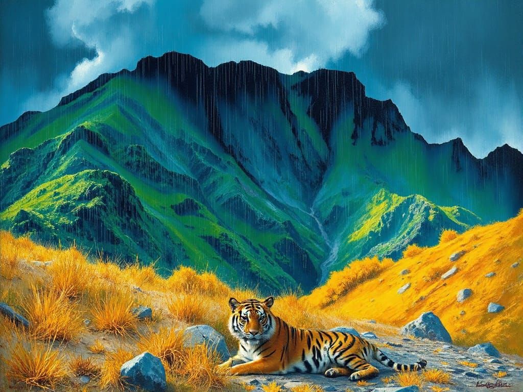 Tiger Lounging in Mountain Color Divide as Impasto Painting