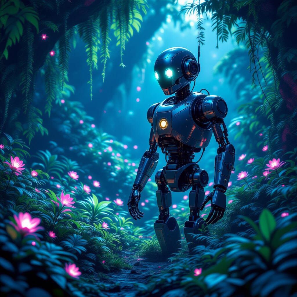 Ancient Robot in Bioluminescent Alien Garden