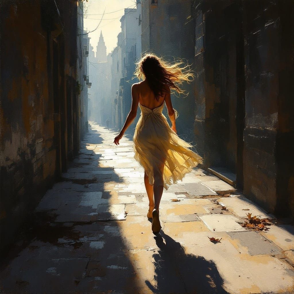 Chiaroscuro Painting of Woman on Quiet Street