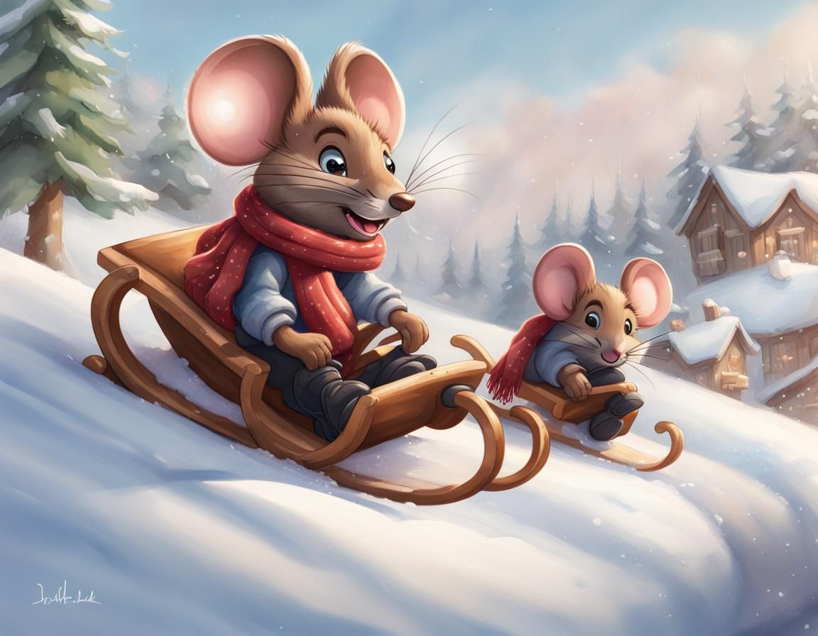 Mouse Sledding Down Hill in Watercolor Style