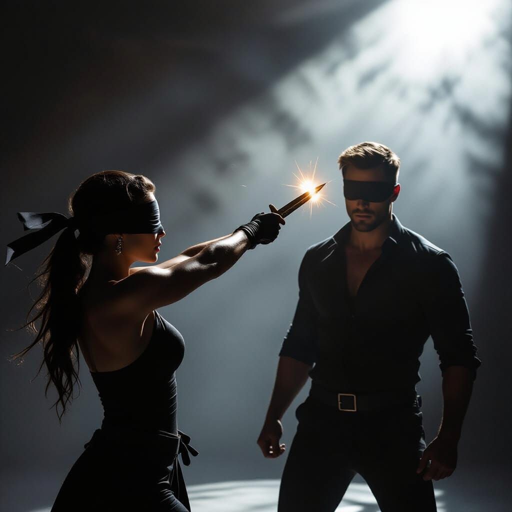 Dramatic Blindfolded Woman Throws Knife in Cinematic Style