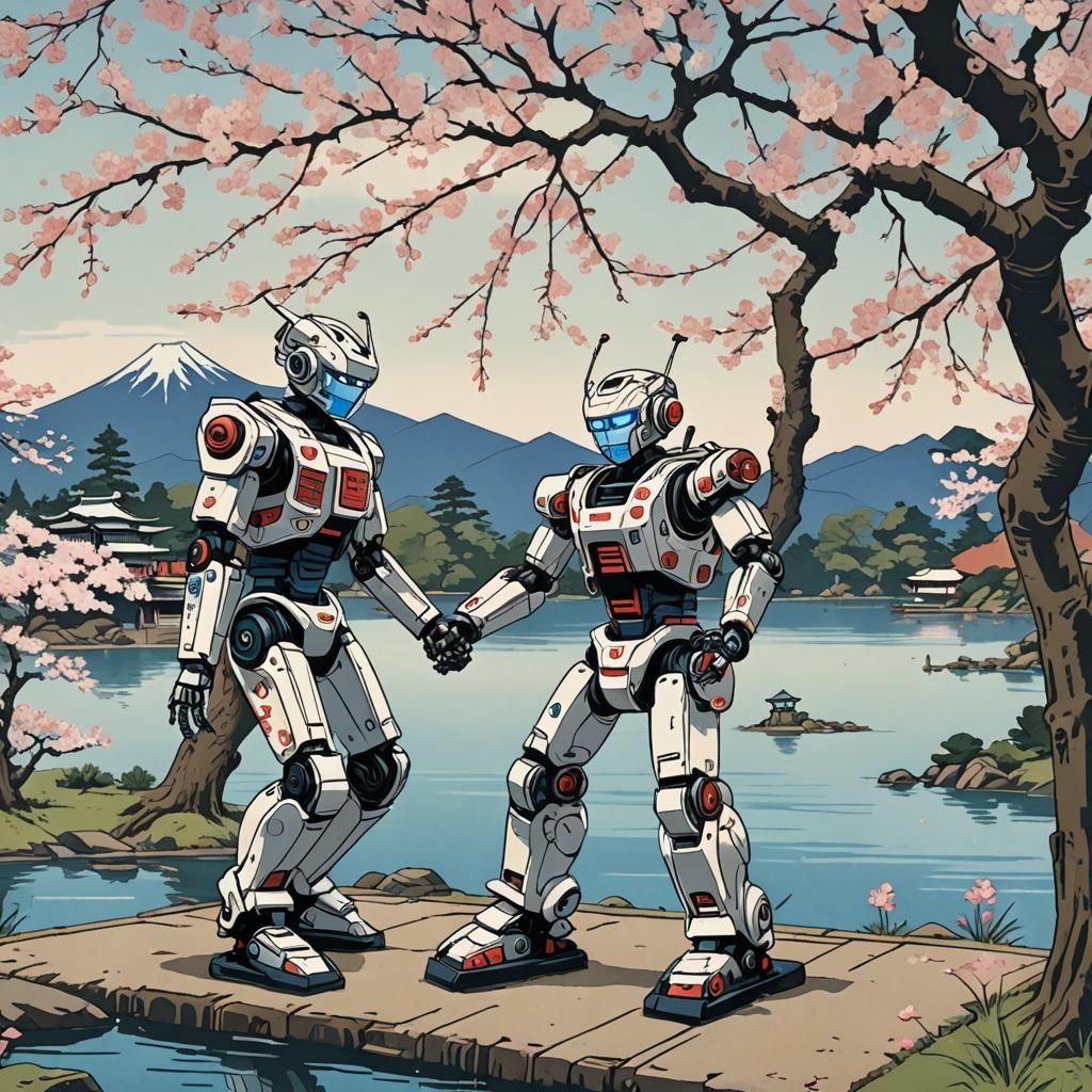 Robot Dances Under Cherry Blossoms: Ukiyo-e Style