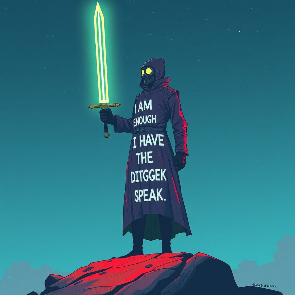 Figure with Sword of Words in Dystopian Landscape