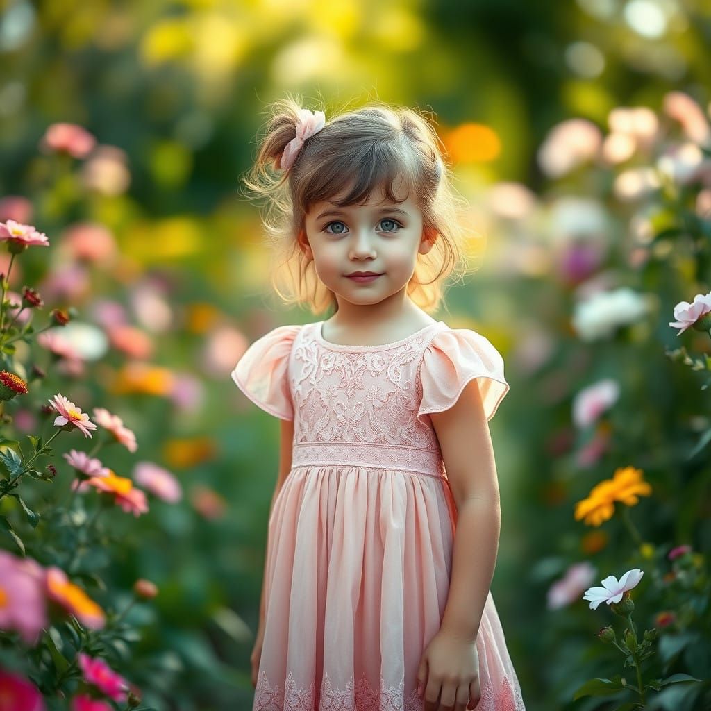 Miniature Woman Standing in Lush Garden with Soft Focus