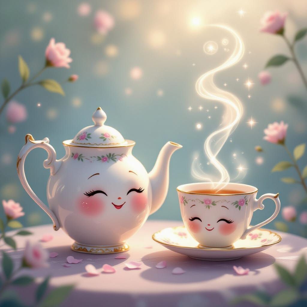 Enchanted Teapot and Teacup in Ethereal Light
