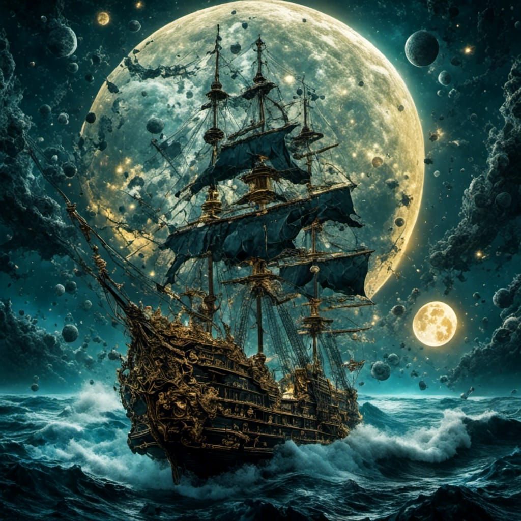 Raven on Skull, Full Moon in Hyperreal Style