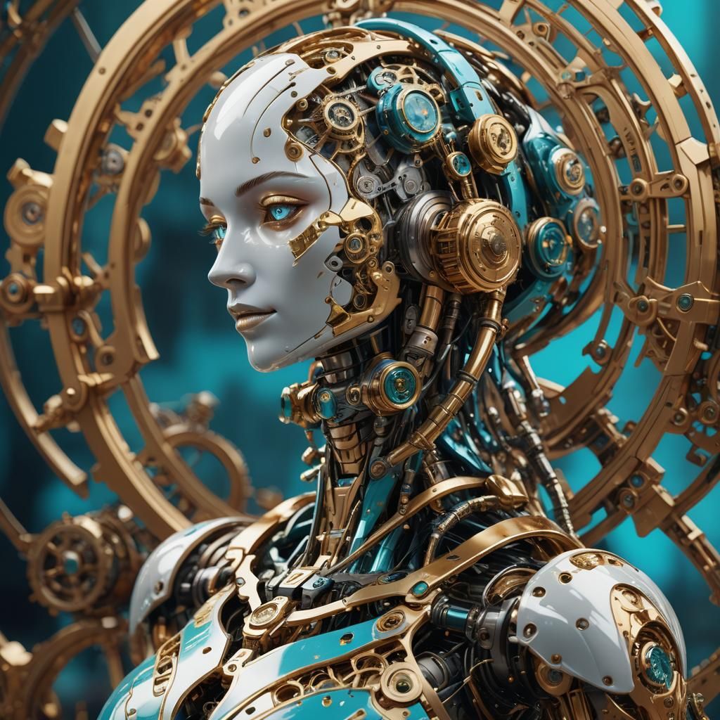 Detailed Female Robot with Clockwork Mechanics