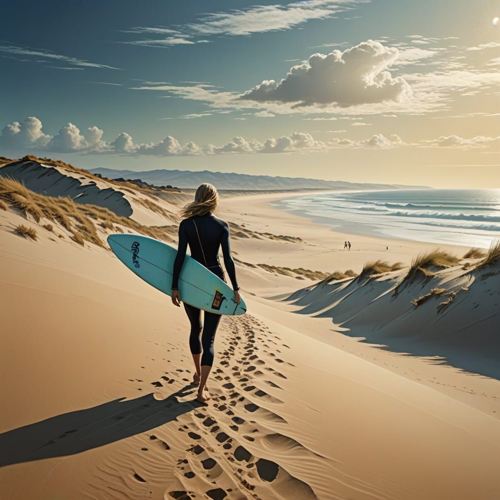 Fantasy style surfer girl walking down  a dune to the sea