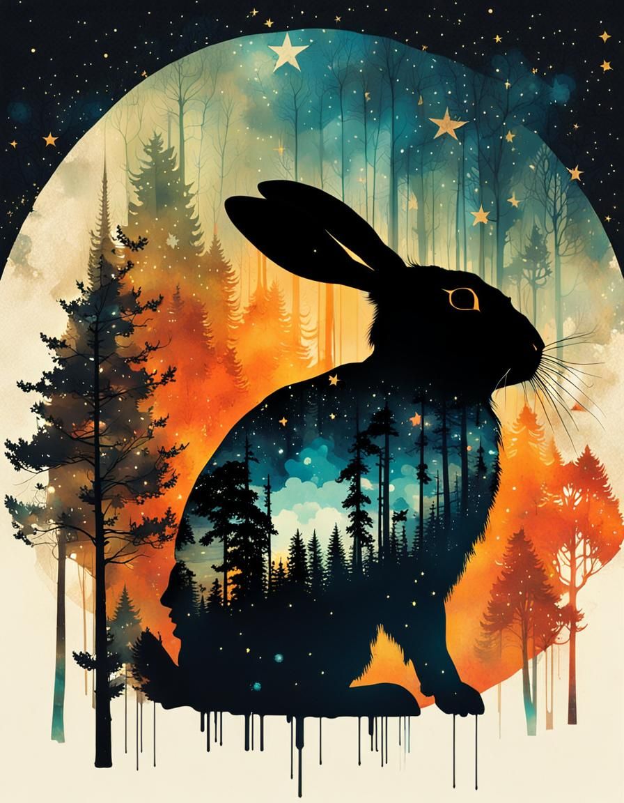 Silhouette Rabbit Double Exposure Galaxy Art