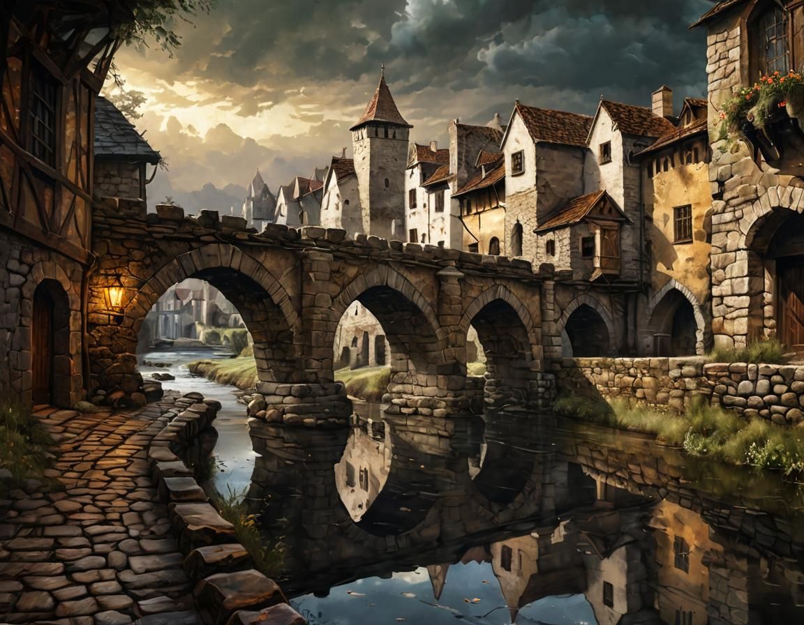 Medieval Town River Crossing: Acrylic Painting with Stone Br...