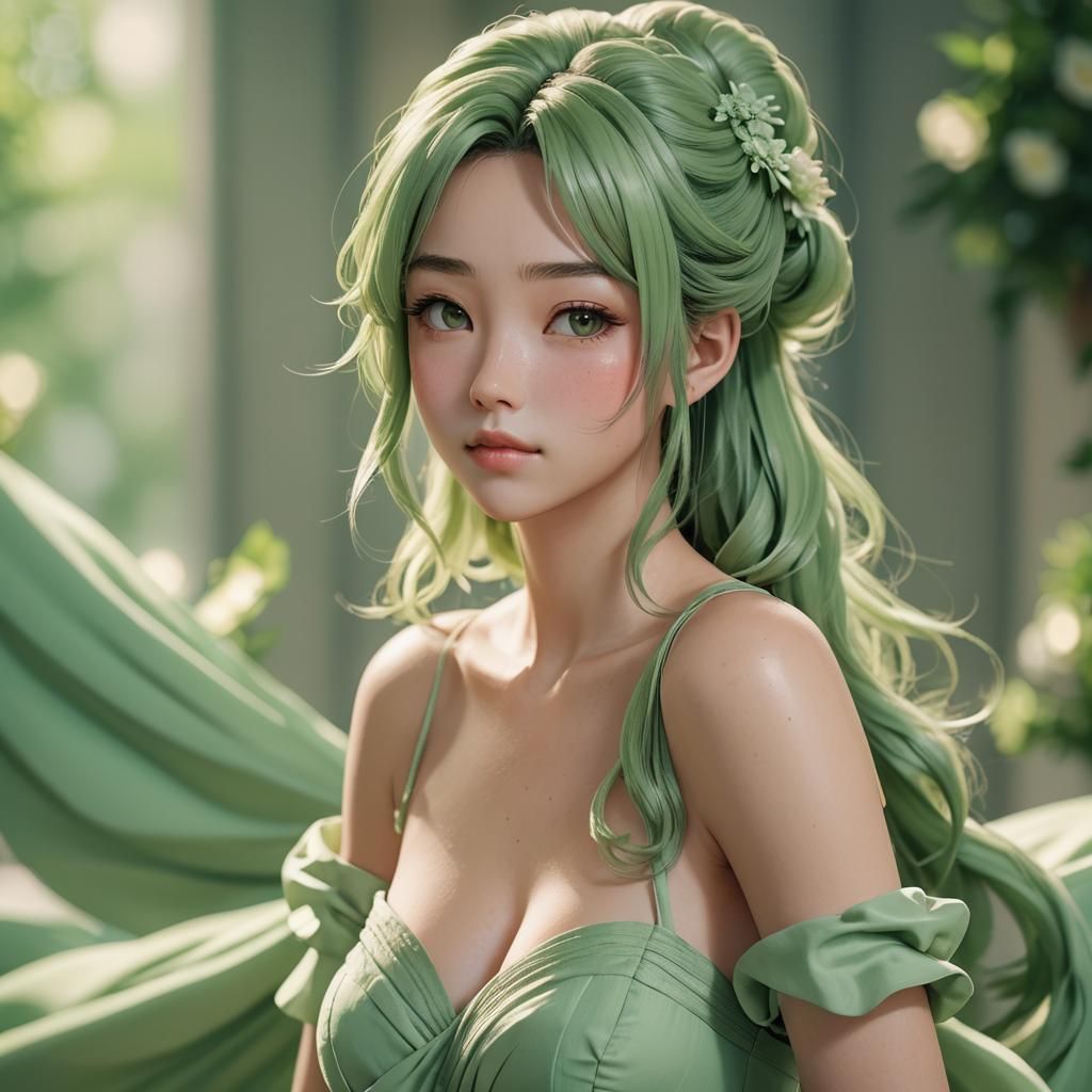Anime Girl in Green Dress, Octane Render, 8K