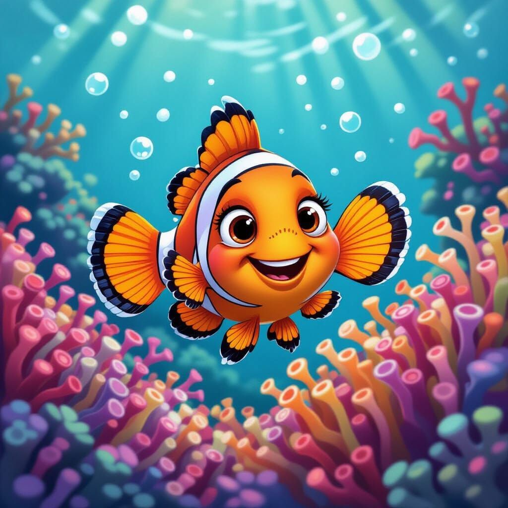 Smiling Clownfish in Sea Anemone: Cartoon Style