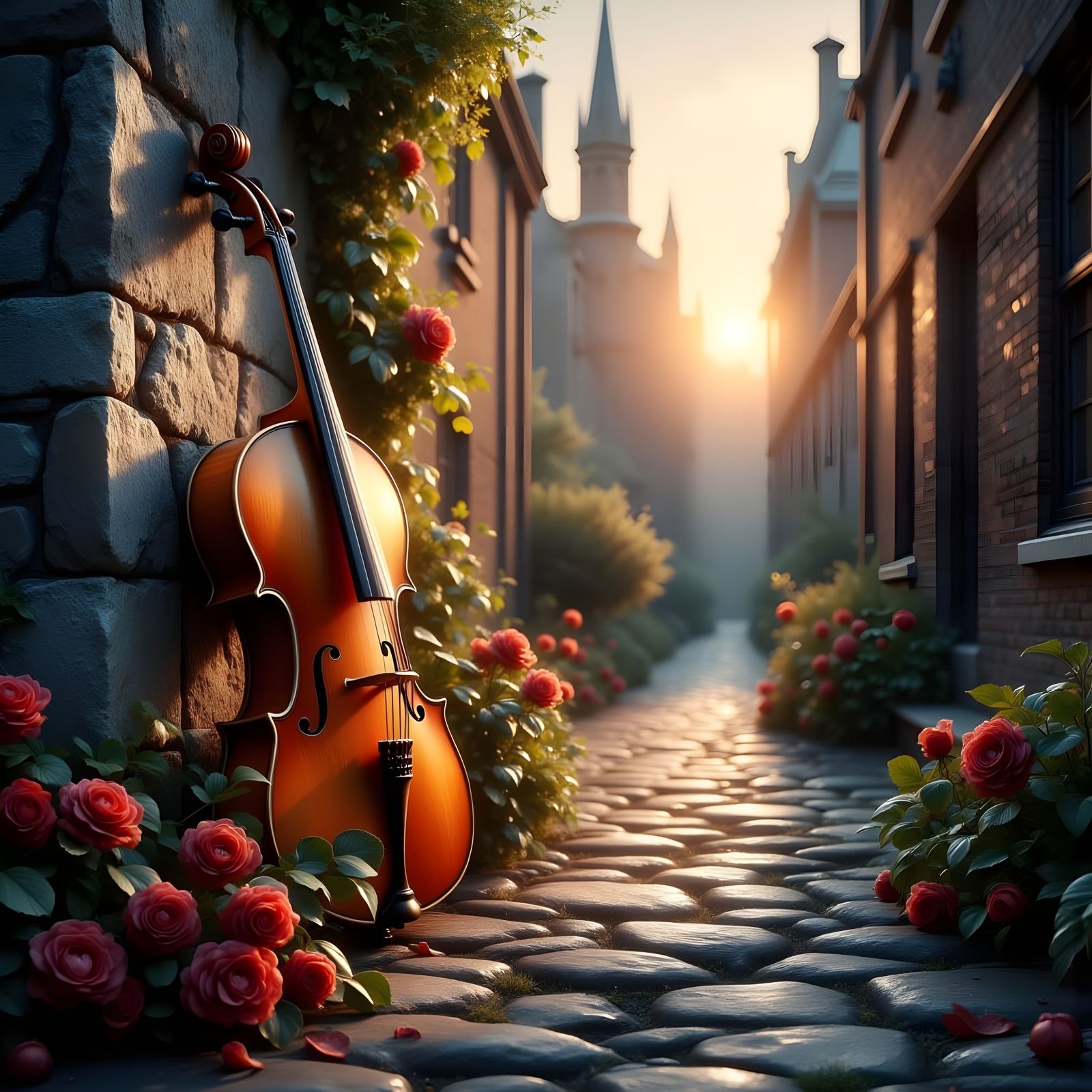 Atmospheric Cello in Misty Alleyway: Golden Hour Glow