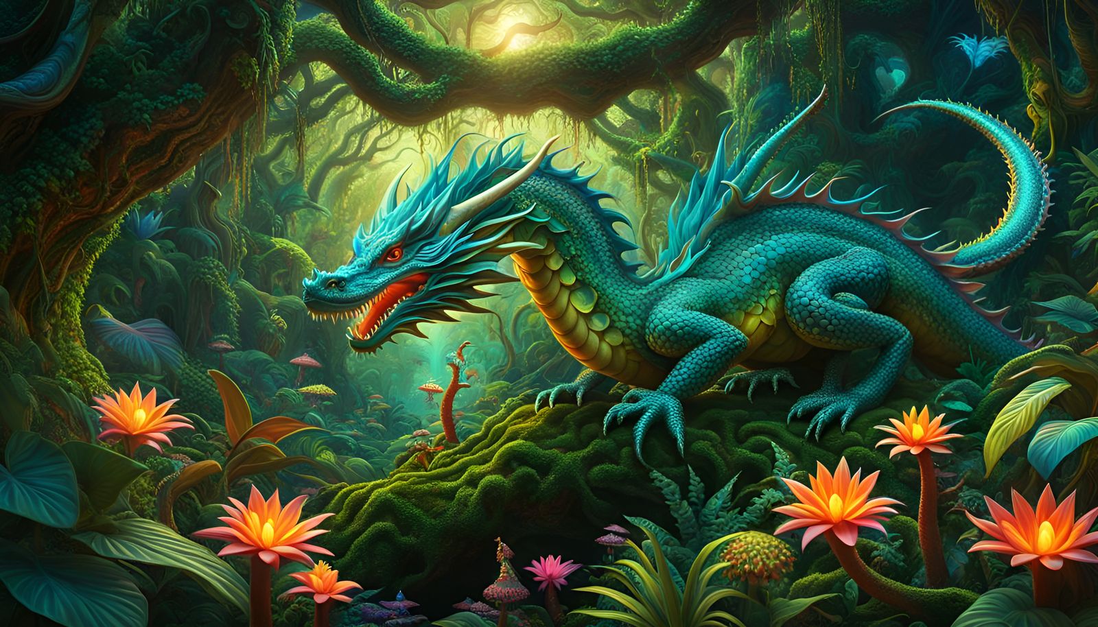 Psychedelic Jungle Dragon in a Hallucinatory Landscape