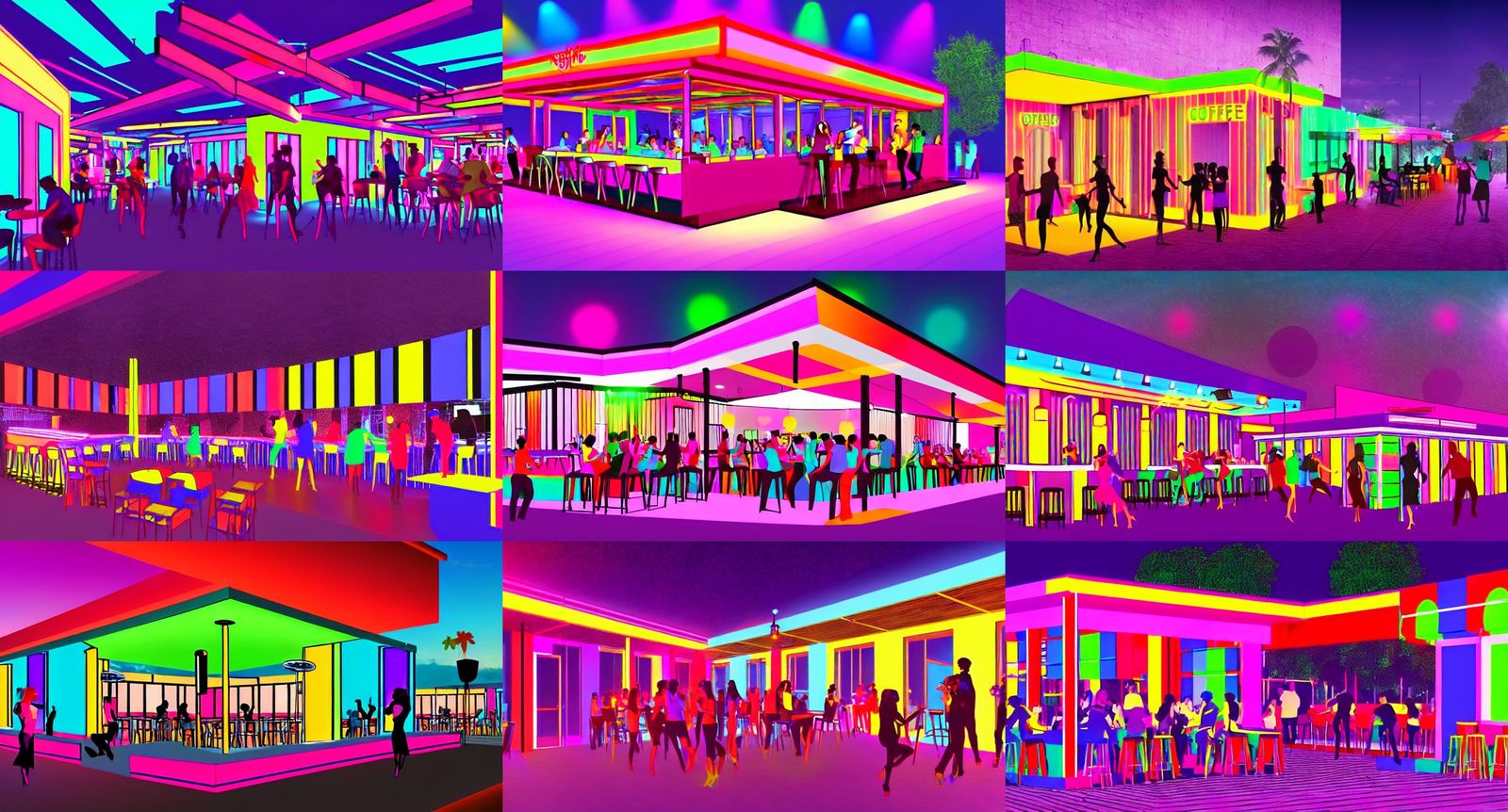 Architectural Rendering of a NightCafe Coffee Bar with Youthful Humans Dancing and Enjoying Music and Drink in a Vibrant...