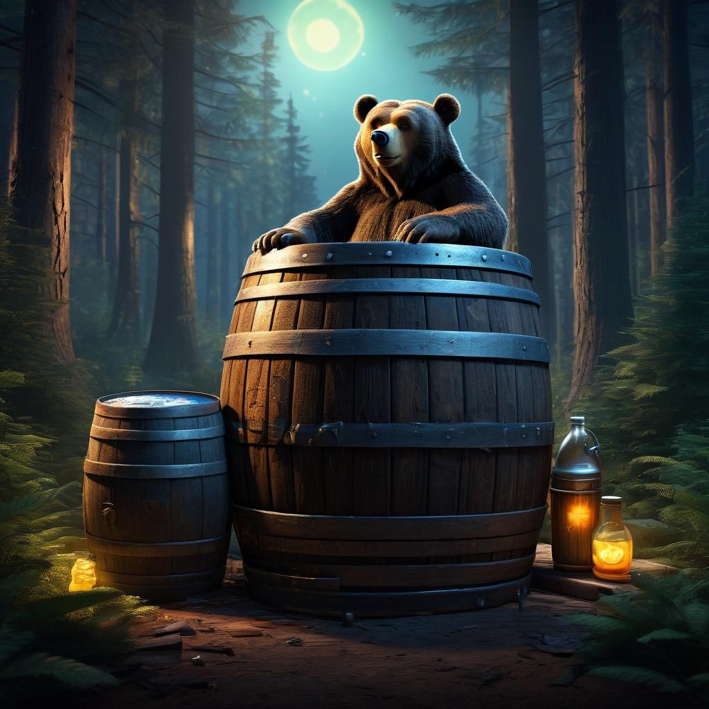 Bear Brewing Moonshine with Pilgrim: 3D Digital Art
