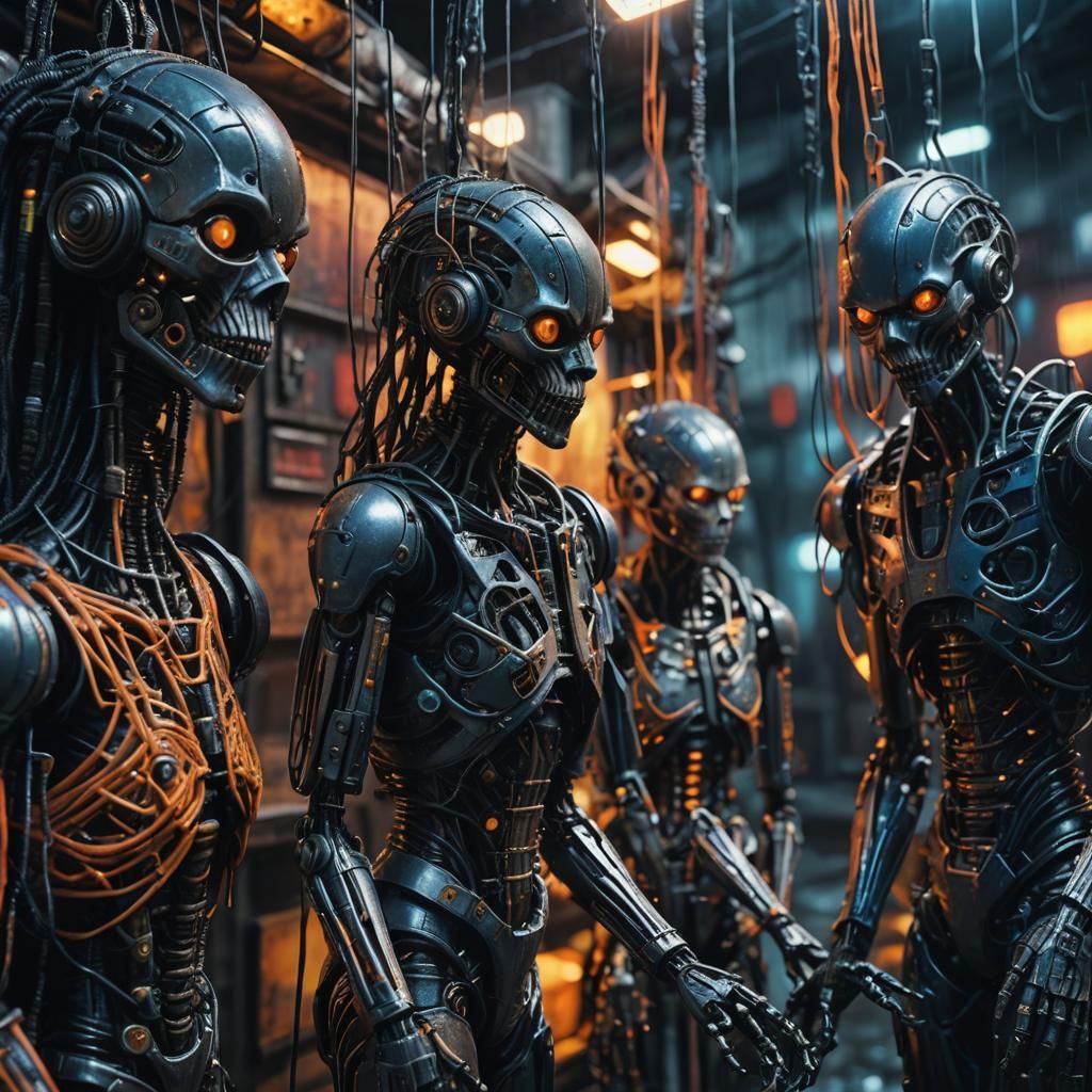 Cyberpunk Puppets with Strings in Neon Alley