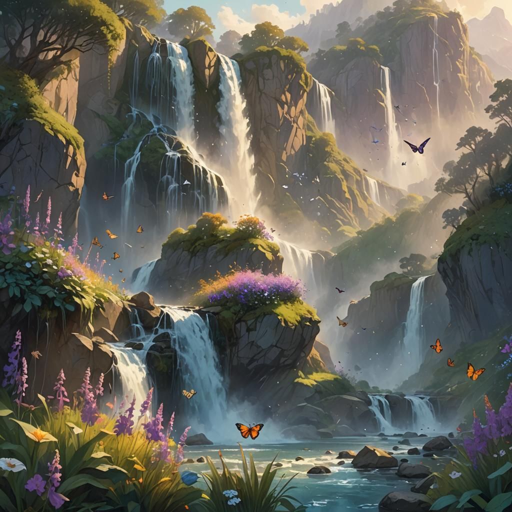 Birds and Butterflies Dance Around Mountain Waterfall