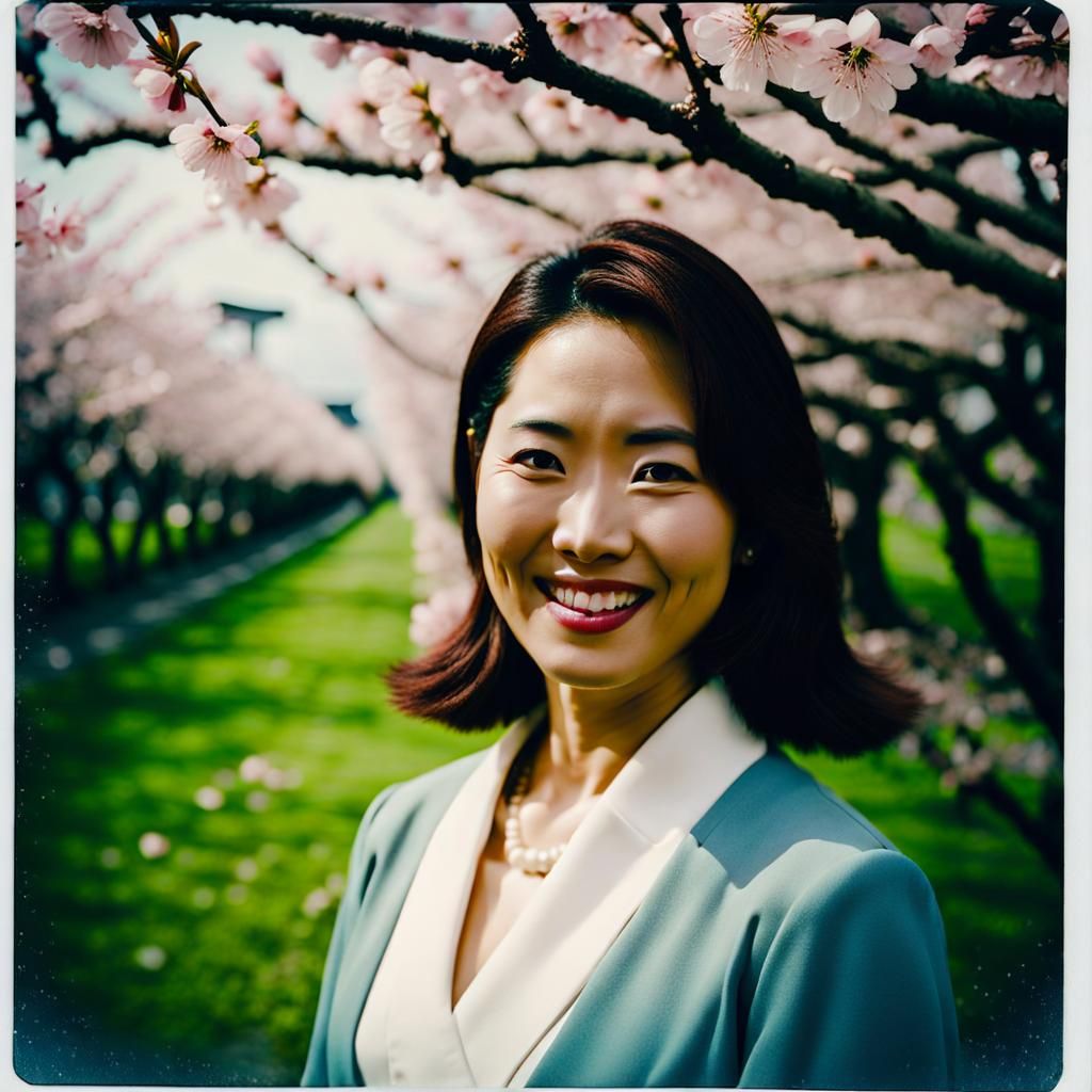 Japanese Woman in Cherry Blossoms: Polaroid Style