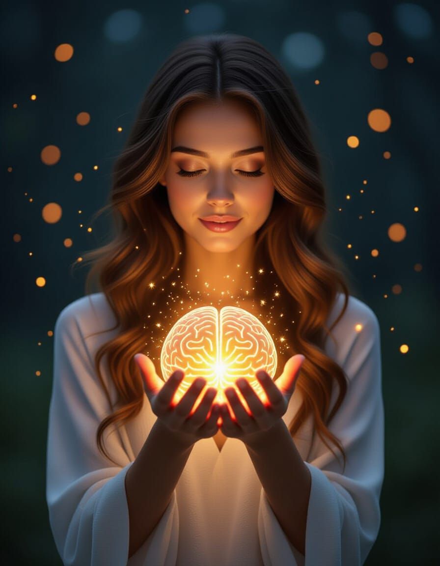 Woman Holds Glowing Brain Symbolizing Enlightenment