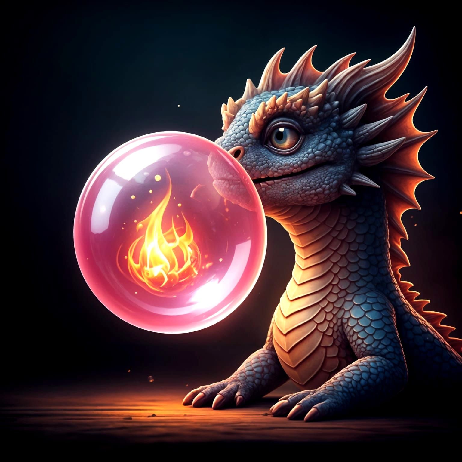 Dragon Blows Fire Bubble from Pink Gum